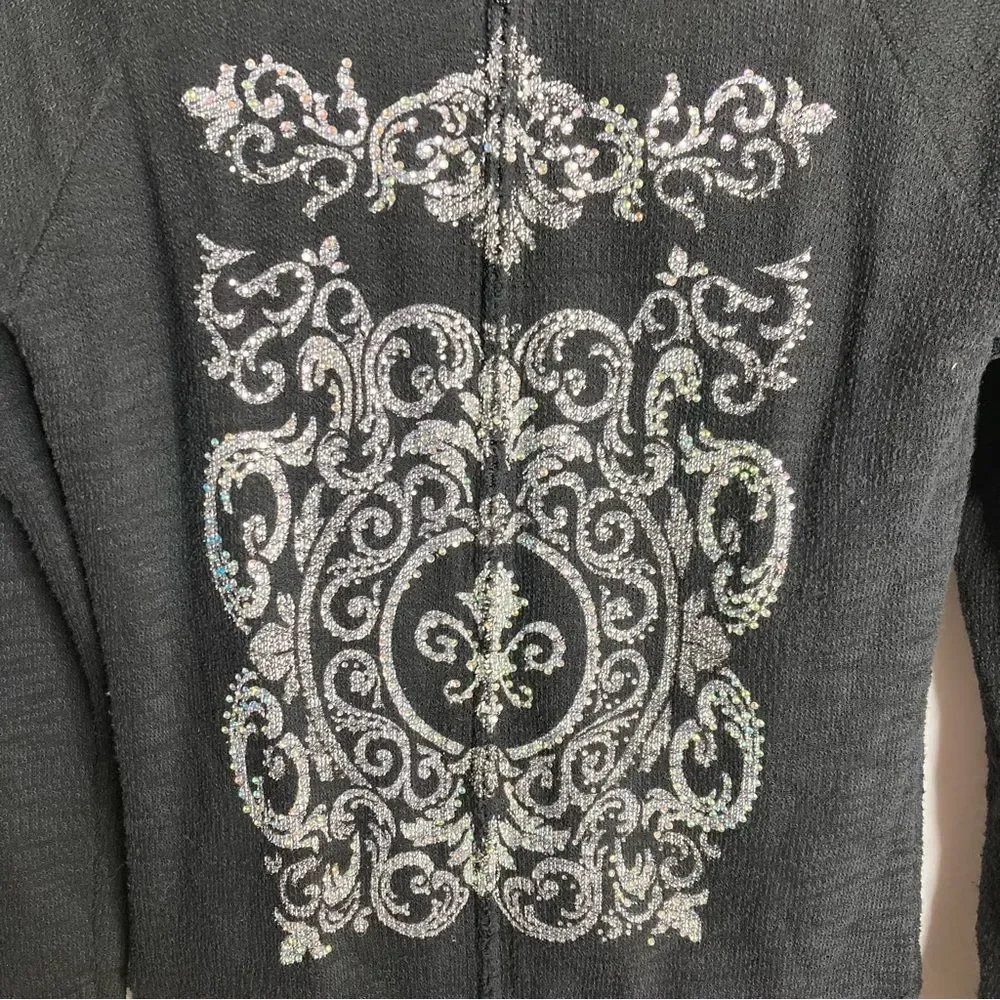Vocal Black Rhinestone Embellished Zip Up Lightweight Cardigan Top Medium Y2K